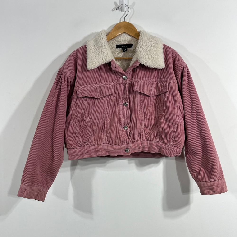 Forever 21 Y2K Grunge Preppy Corduroy Sherpa Lined Cropped Trucker Jacket Small